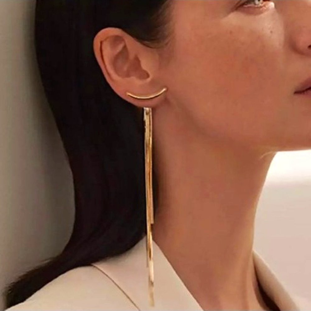 Gold Crescent Bar Tassel Earrings